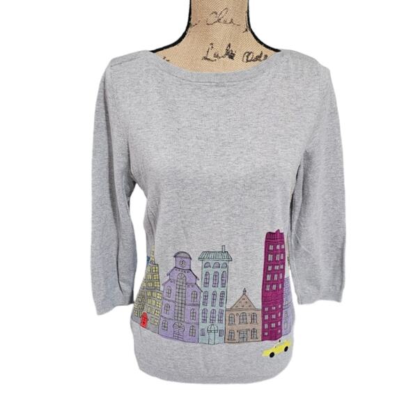 TALBOTS Women Thin Stretch Cotton Rayon Sweater Embroidered City View M - Picture 2 of 8